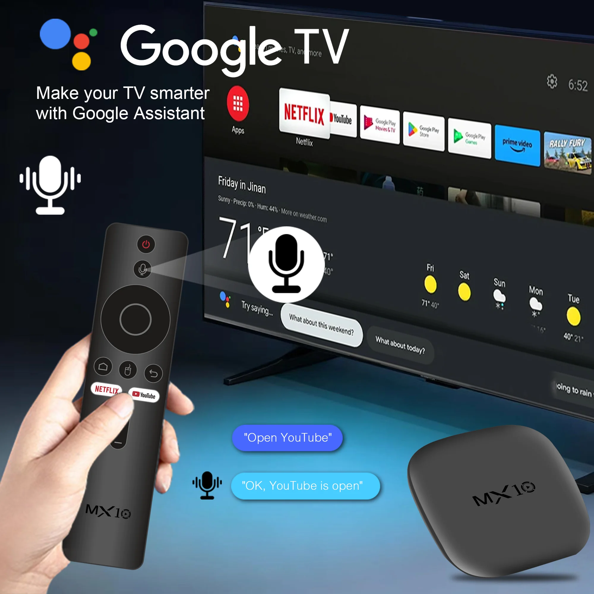 MX10 M1 Android13 TV Box 8GB 128GB eMMC Flash Quad Core Cortex A53 WiFi6 2.4G 5G BT5.4 4K HD Voice Remote Box