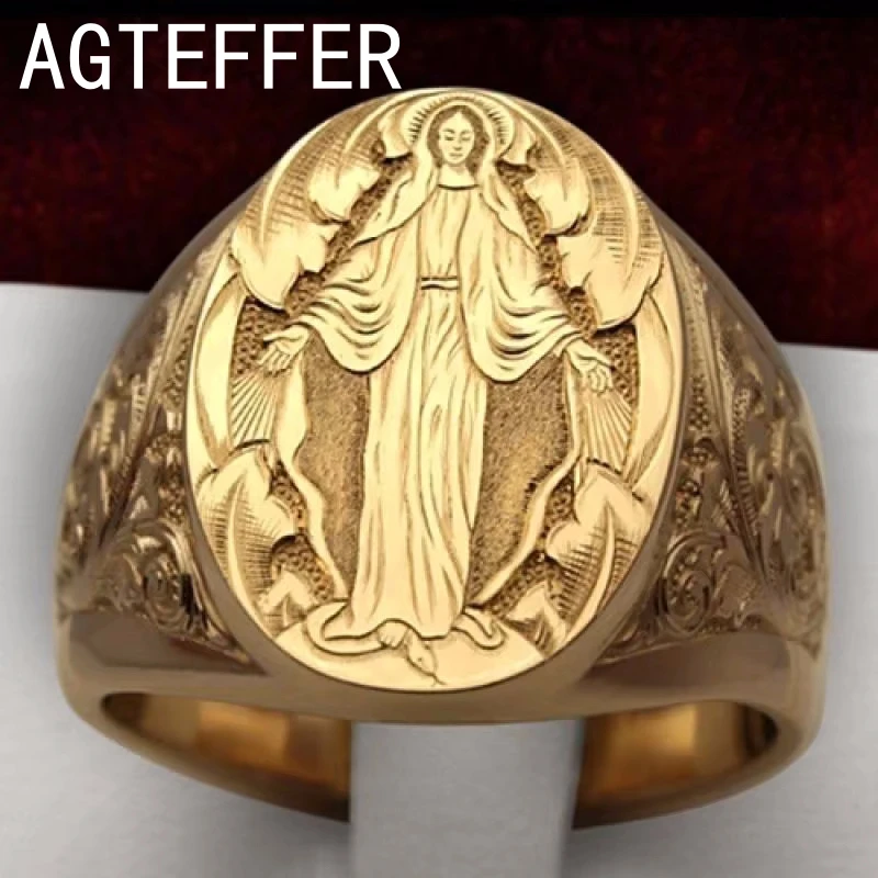 

Elegant Unisex 14k Yellow Gold Color Ring For men Jewelry Gift Virgin Mary Blessing Badge Hand Carved Religious Ring