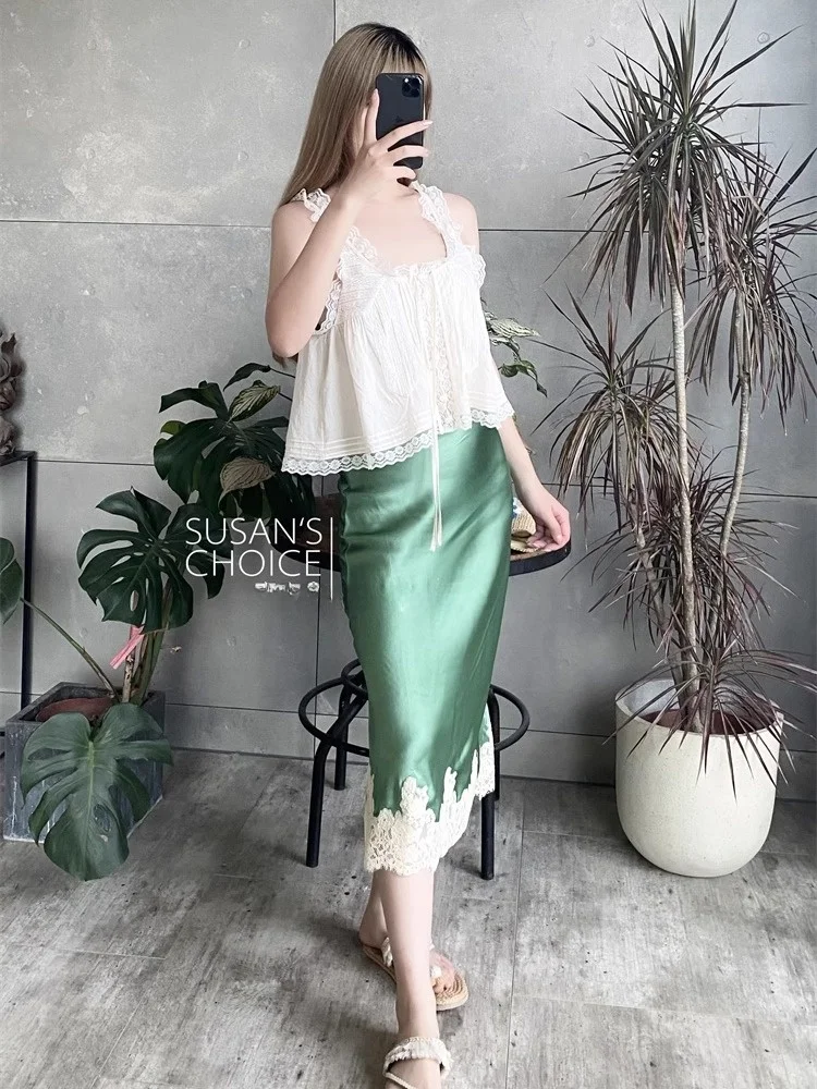 

SUSAN DO High Waist Slim Fit Midi Length een Silk Lace Trim f Body Skirt Women's Sweet Sle Stand Version A-Line Skirt