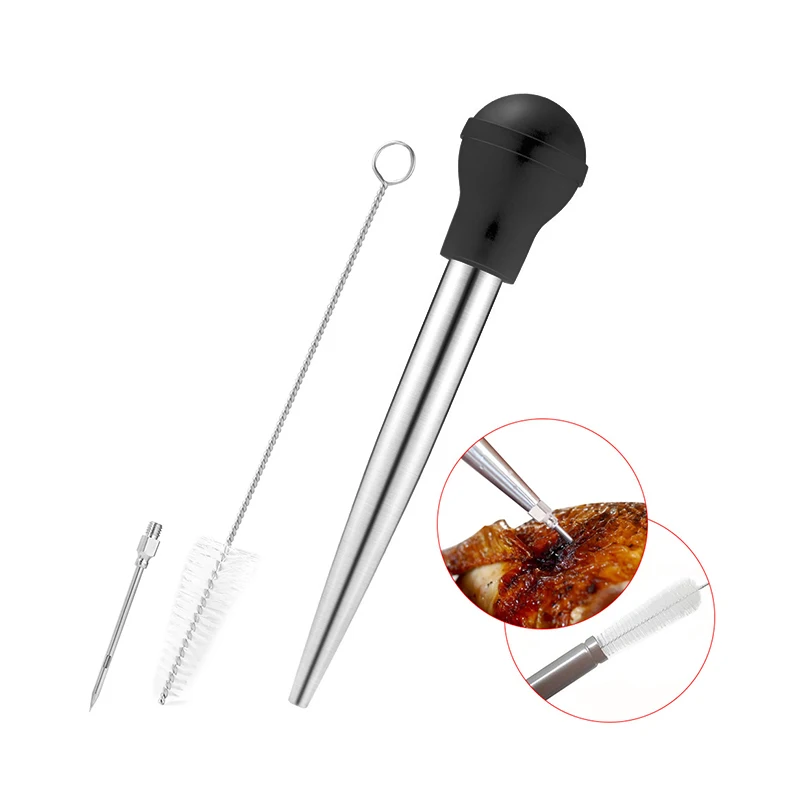 1Pc Stainless steel spice turkey needle silicone turkey spice pump barbecue tool silicone oil suction tube