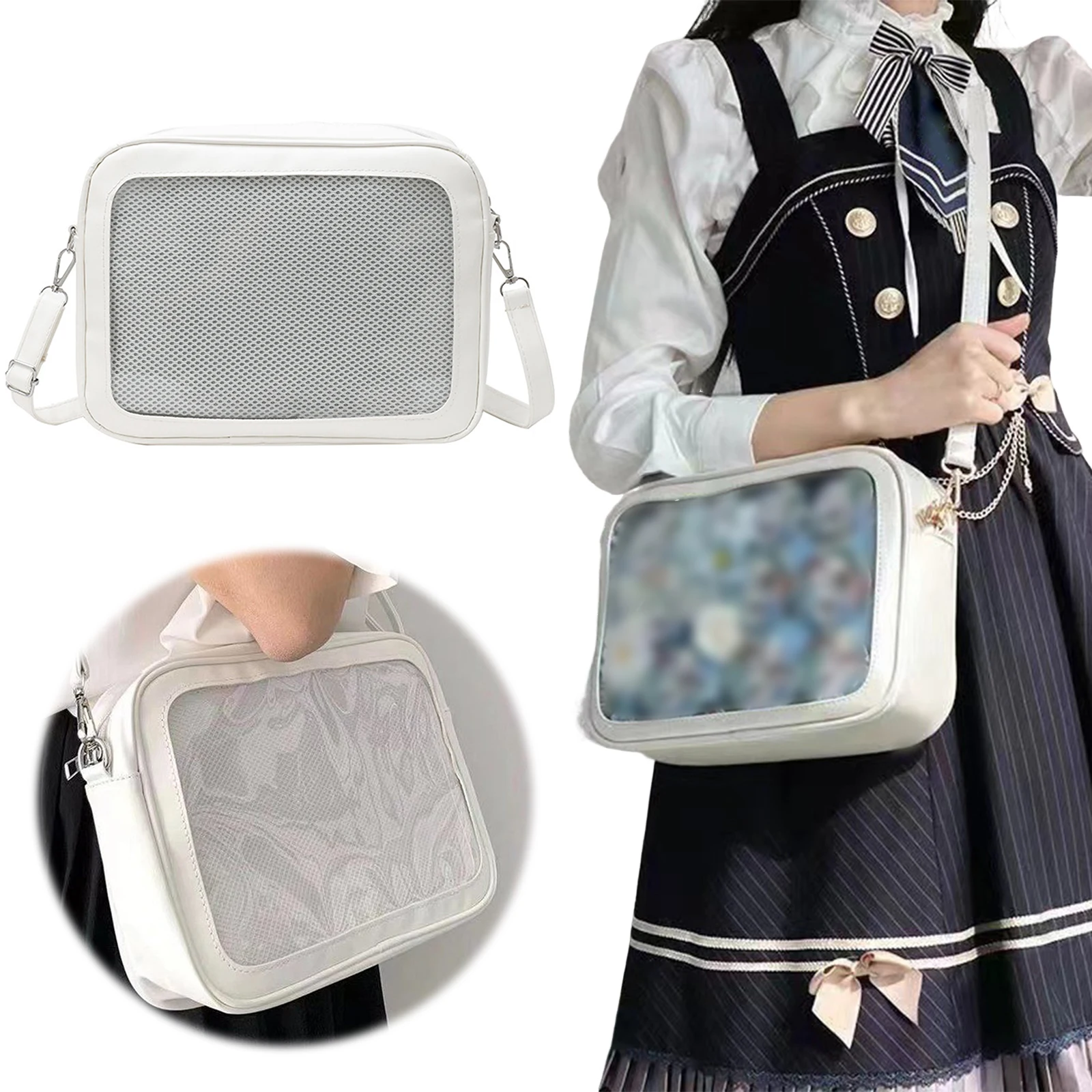 

Women Sweet Lolita Crossbody Bags Leather Transparent Ita Bag High School JK Messenger Bag Japanese DIY Badge Y2K Shoulder Bag