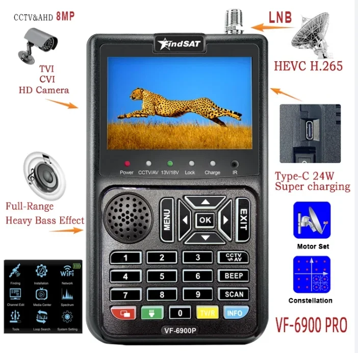 2024 Satellite Finder +CCTV Tester ( FindSAT VF6900 Pro) DVB-S2  Signal Meter