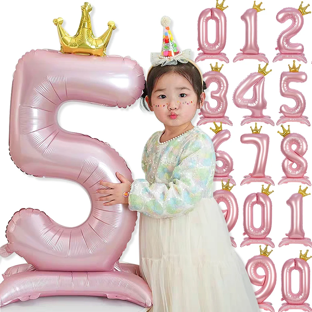 0-9 Pink Crown Number Foil Balloons First Birthday Home Party Wedding Xmas Decoration Digital Ballon Kids Baby Shower Air Globos