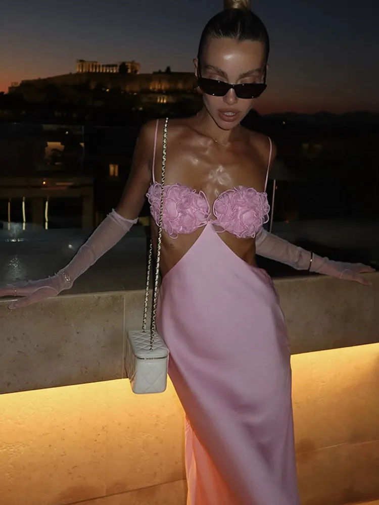 Seksowna, satynowa sukienka na ramiączkach z kwiatami 3D, elegancka, ażurowa, bez rękawów, z odkrytymi plecami, dopasowana, nowa letnia sukienka na plażę, do klubu, na imprezę.