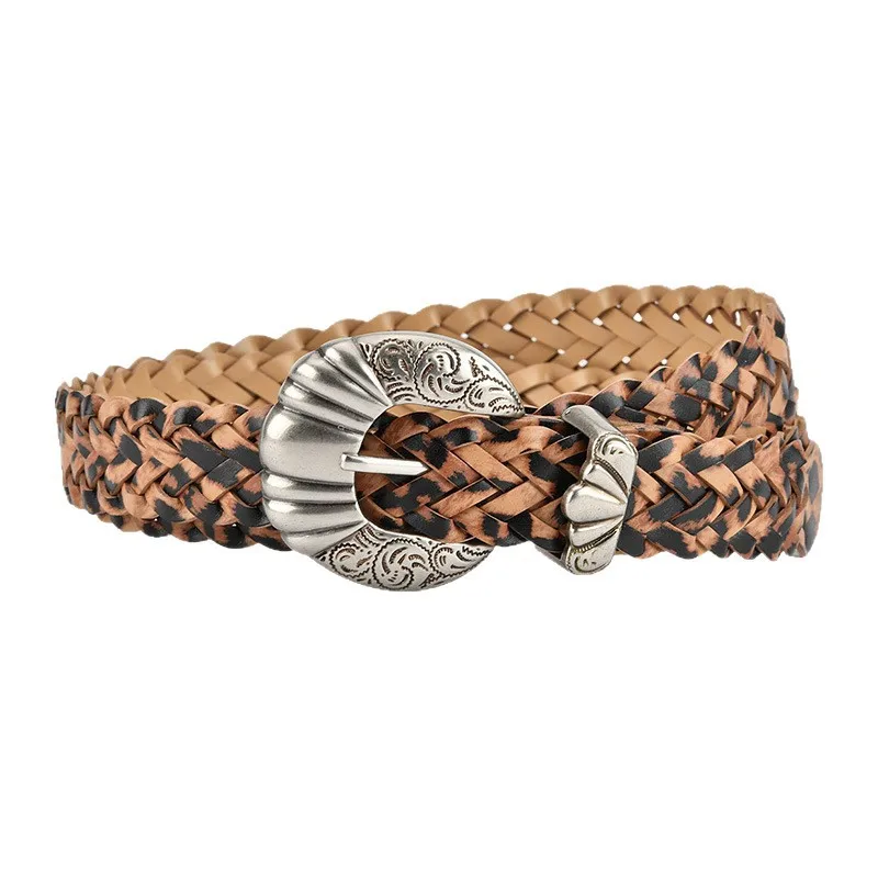 

Европейский и американский модный тканый ремень из леопардовой кожи, женский ремень для платья с серебряной иглой и пряжкой, неперфорированные ремни