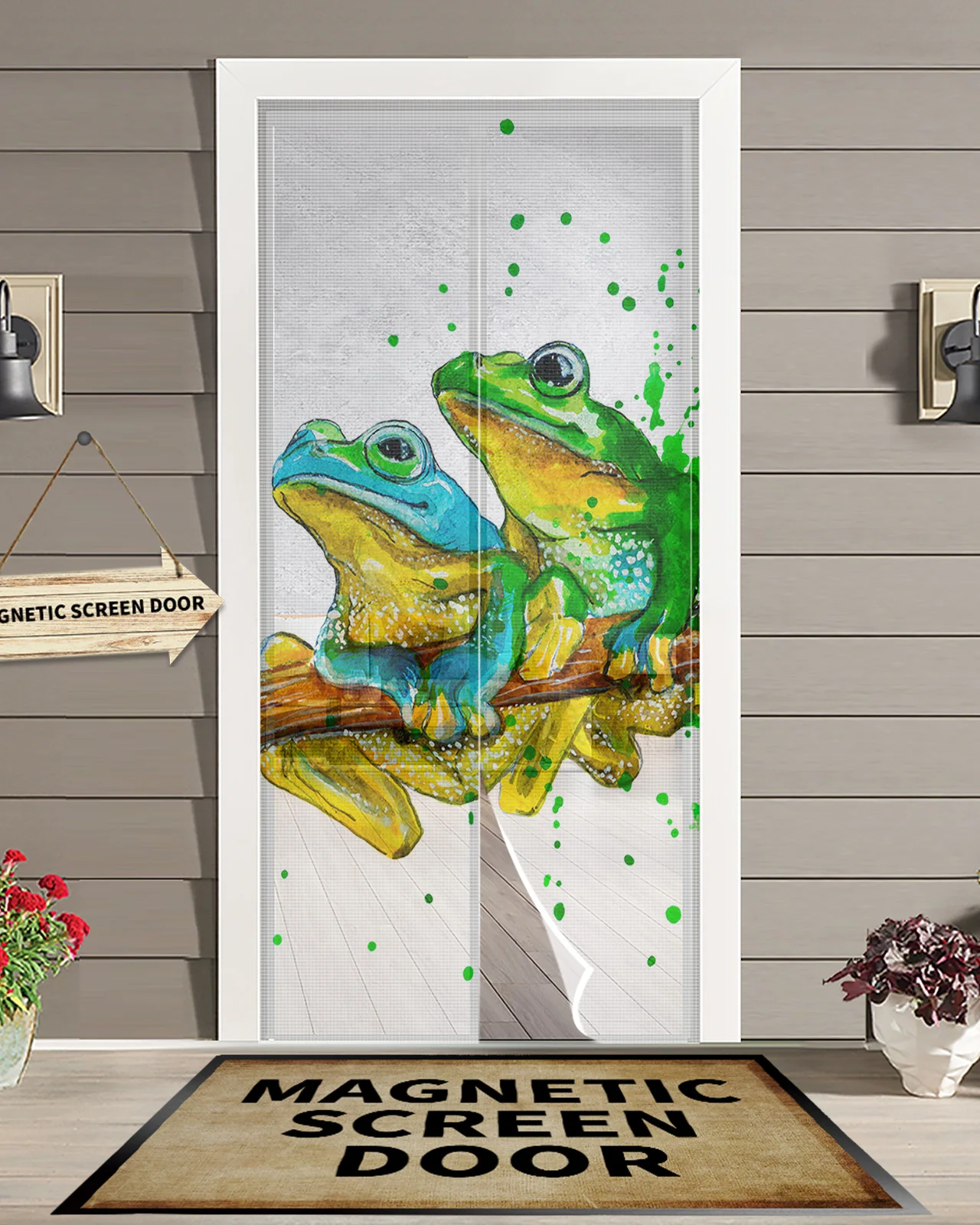 Frog Hand-Painted Watercolor Magnetic Mosquito Net Summer Anti Bug Fly Door Curtains Kitchen Screen Door Mesh