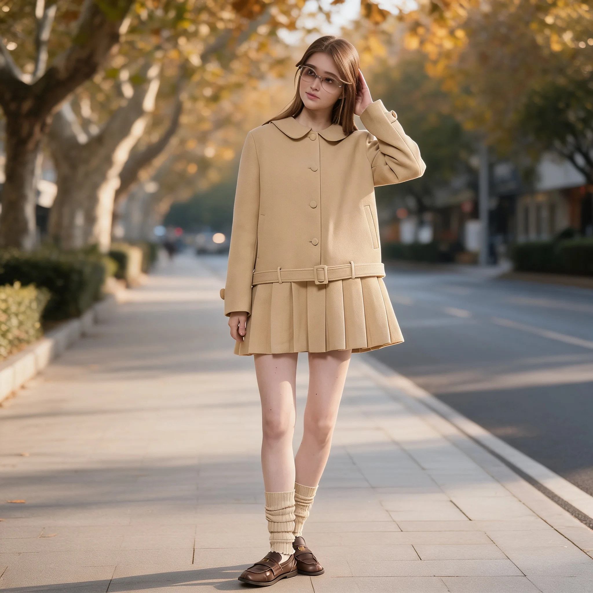 Thick Pleated Coat Loose Fit Commuter Style with Doll Collar Regular Sleeve Midi Length Long Sleeve Casual Women Autumn Coat