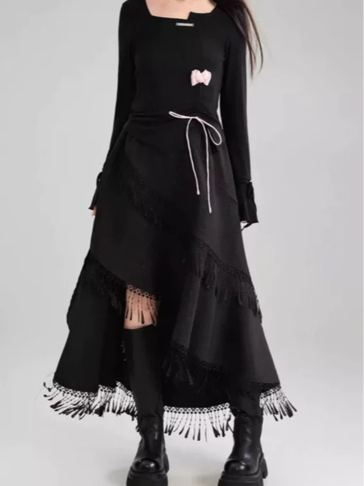 2025 Women's Gothic Fringe Asymmetric Midi Skirt - Sparkle Black A-Line Skirt, Y2K Edgy Sweet Streetwear for Autumn Winter