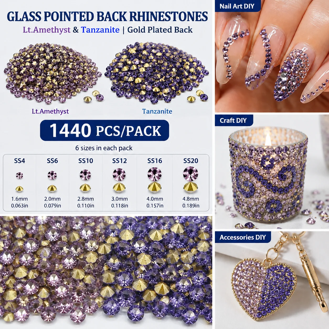 1440PCS Pointed Back Glass Rhinestones Gold Back SS4-SS20, Lt.Amethyst & Tanzanite Gems for Nail Art, Clothing, Shoes, Bags DIY