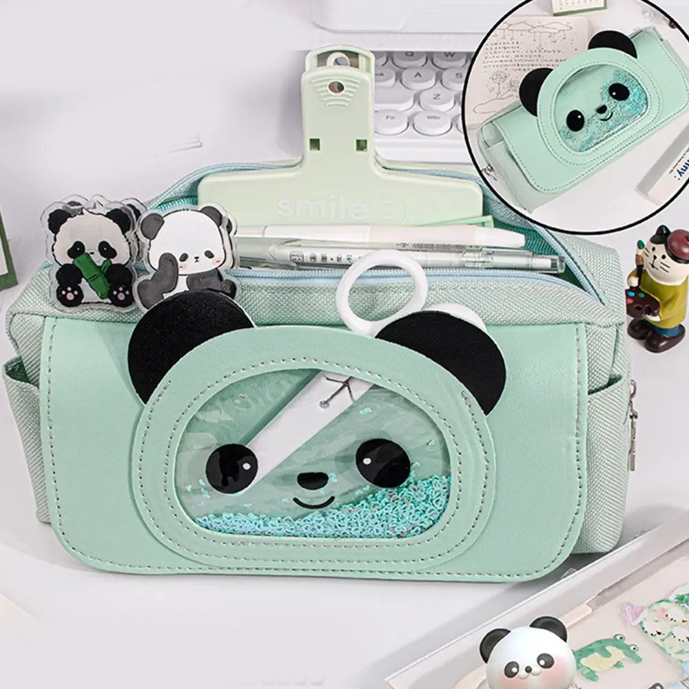 Flowing Sand Panda Pen Bag Korean Canvas Stationery Storage Bag High Beauty Instagram Style Cartoon Pencil Bag