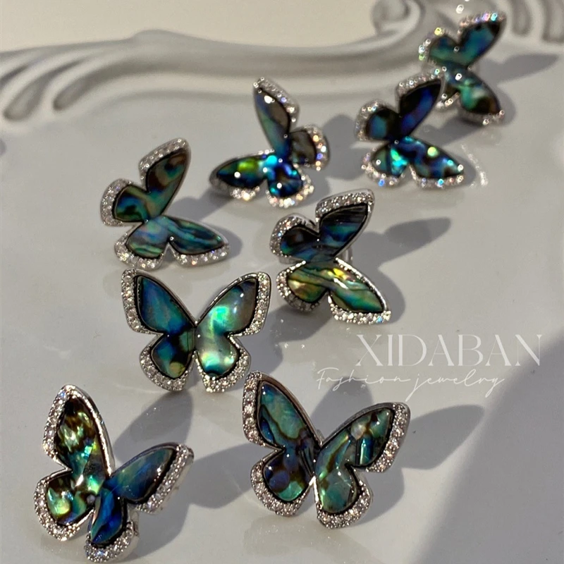 New Fashion Natural Abalone Shell Butterfly Stud Earrings for Women Silver Color Butterfly Zircon Earrings Jewelry Party Gifts