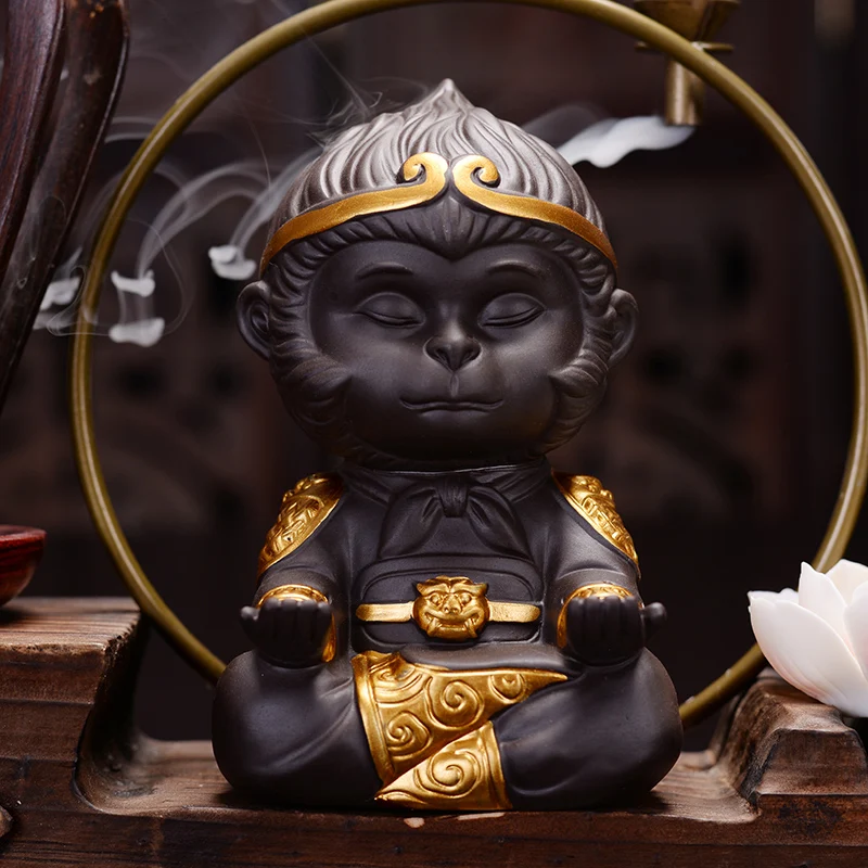 Wukong Monkey Car Mounted Ceramic Weathered Wooden Buddha Ornament Decoration for Home Fragrance Decor Quemador Inciensos 버너