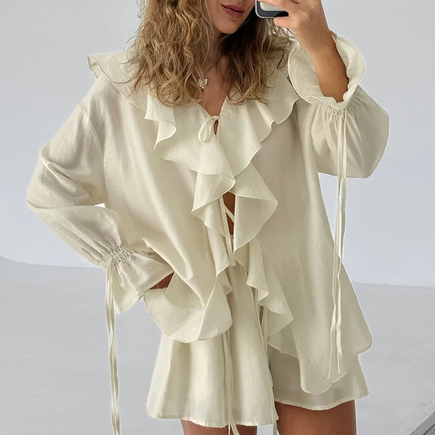 

Summer Casual Women Lace-Up Ruffled Long Sleeved Top and Shorts Sets Vacation Beach Outfits Loose Shorts Suit Lady Outfits