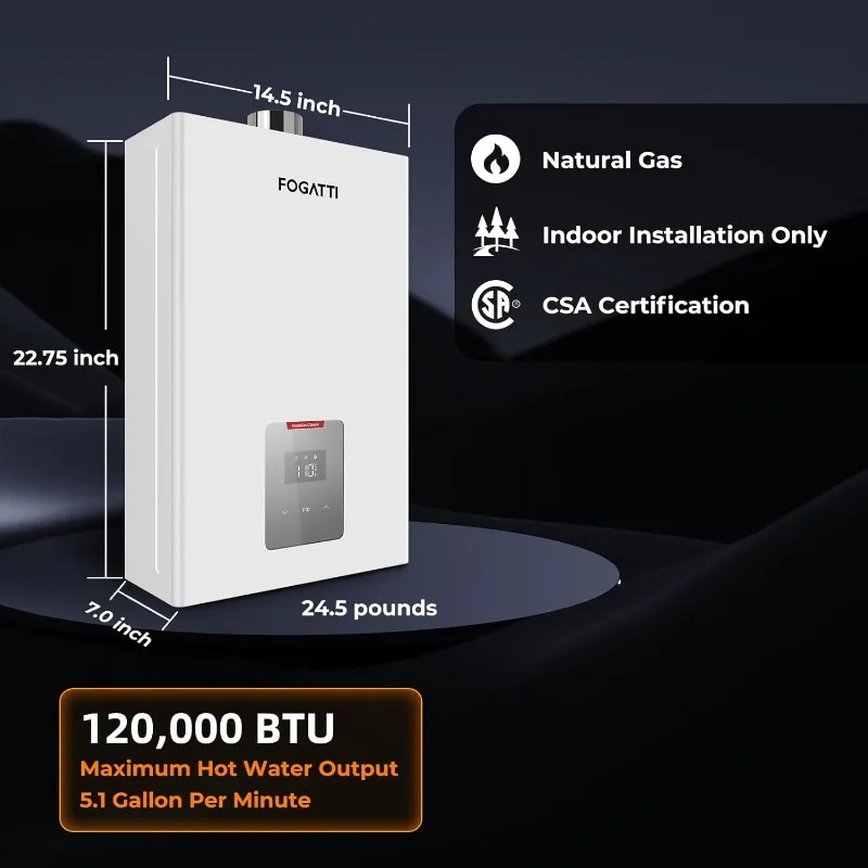 Aquecedor de água sem tanque a gás natural FOGATTI, interno 5,1 GPM, aquecedor de água quente instantâneo de 120.000 BTU, InstaGas Classic 120 Series