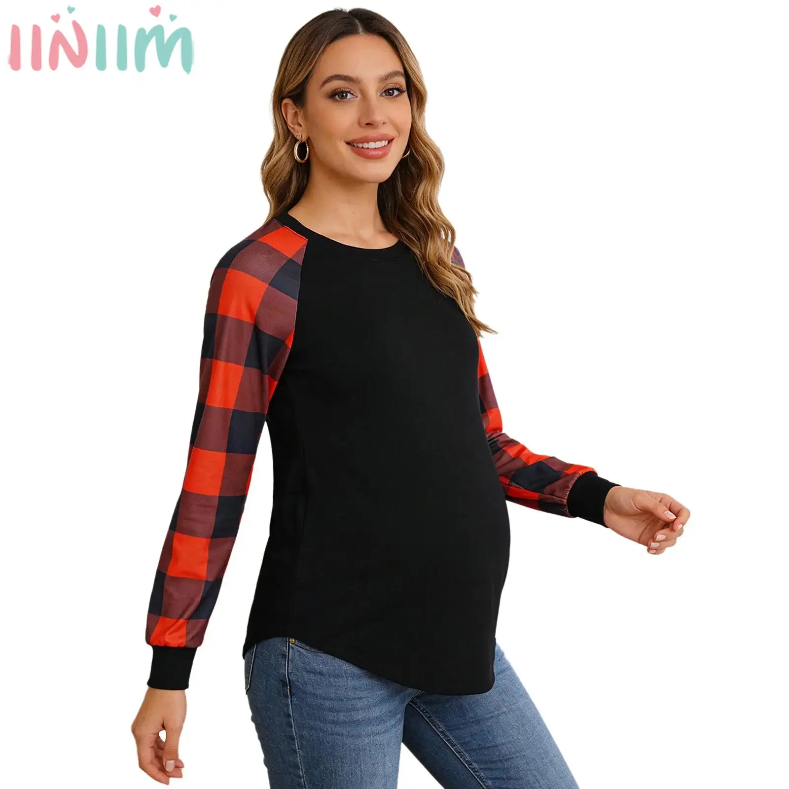 

Повседневная футболка для беременных в клетку с длинным рукавом и изогнутым подолом, футболки для беременных, топы для повседневной офисной рабочей одежды, домашняя одежда, уличная одежда