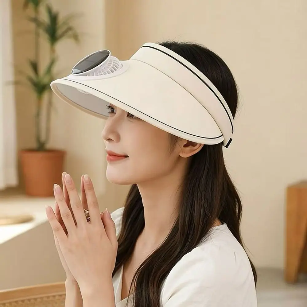 Solar Powered Fan Wide Brim Sun Hat Adjustable Empty Top Design Outdoor Visor Hat UV Protection Breathable Sun Visor Hat