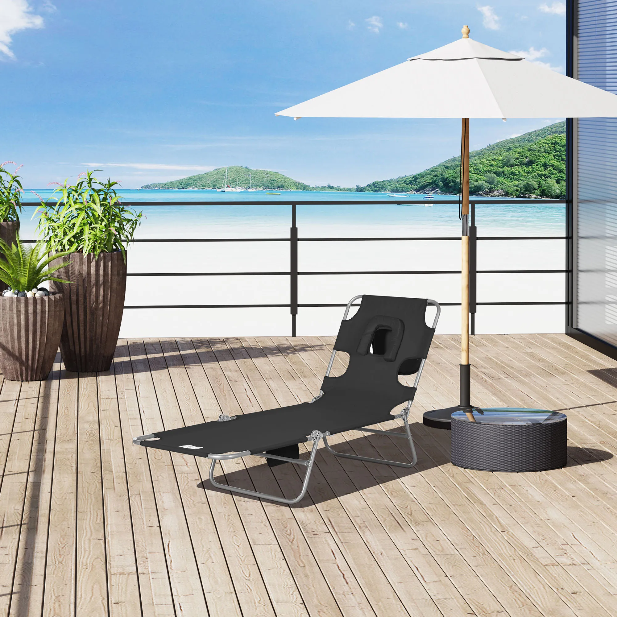 Outdoor Chaise Lounge Portable Adjustable with Face Cavity & Arm Slots Black