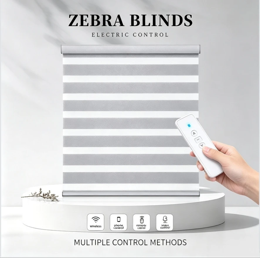 Customized Modern European Style 100% Polyester Premium Fabric Motorized Zebra Blinds For Windows