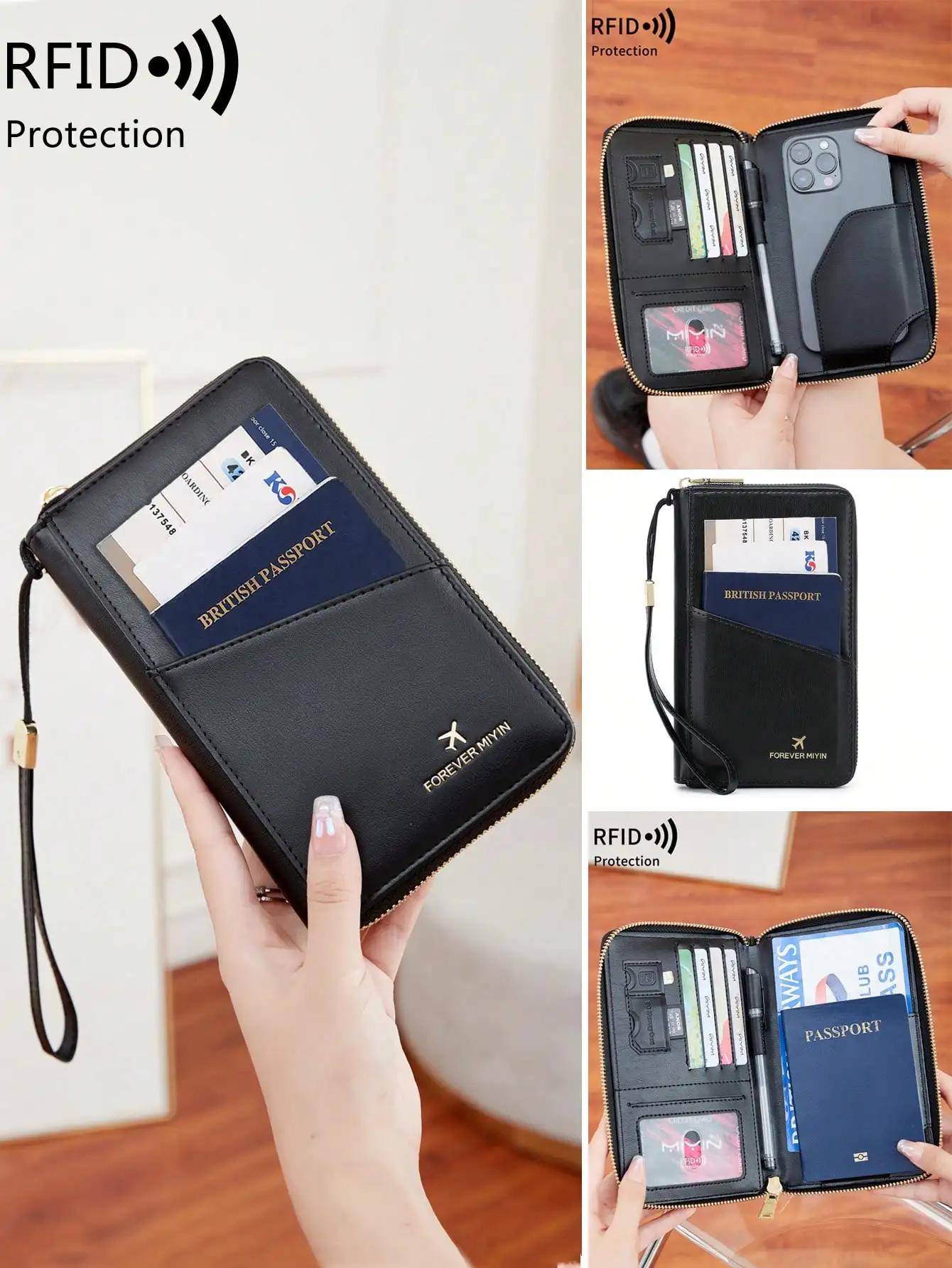 

RFID Blocking Passport Cover Card Holder With Card Slot ID Window,Solid Color PU Letter&Airplane Pattern Portable Passport Clip Ticket Clip Bank Card Bag Versatile Zippered Mobile Phone Travel Passport Wallet For Men And Women, With Wrist Strap,For Travel