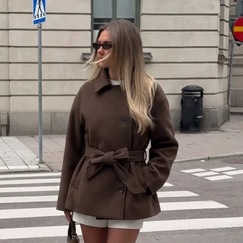 Temperament lapel belt bow waist short coat women's new winter models