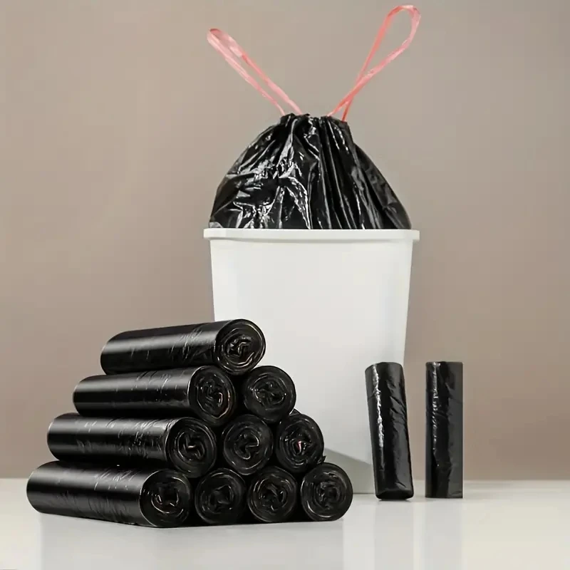 5 rolls of 75 portable thick drawstring closed garbage bags disposable bags.