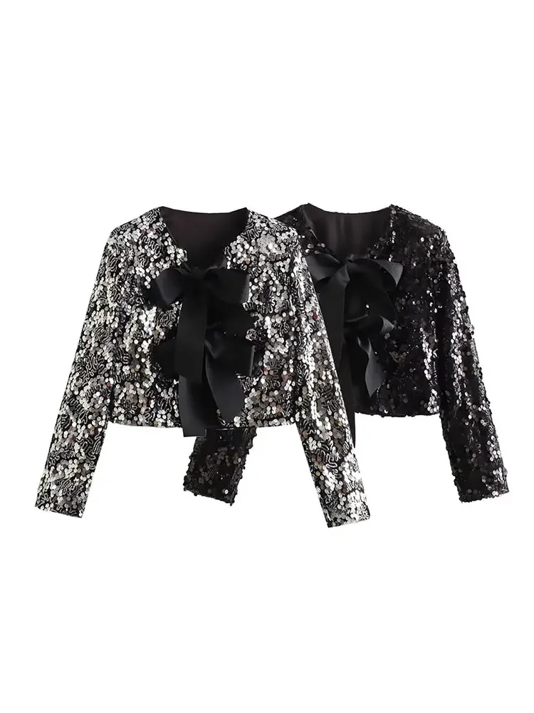 Nlzgmsj TRAF Fashion Bow Sequin Jacket For Women Christmas Sparkling Coats Female Elegant Chic Cropped Shiny Evening Jacket