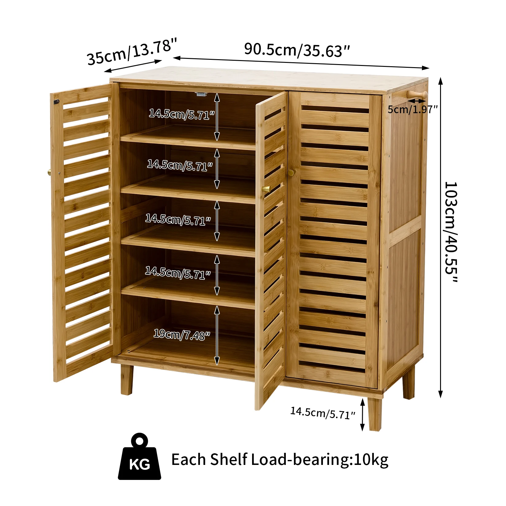 Bamboo Shoe Storage Cabinet with Slatted Doors, 5-Tier Wooden Shoe Organizer Cupboard for Entryway Hallway, Freestanding Large Shoe Rack with Side Hooks & Magnetic Closure