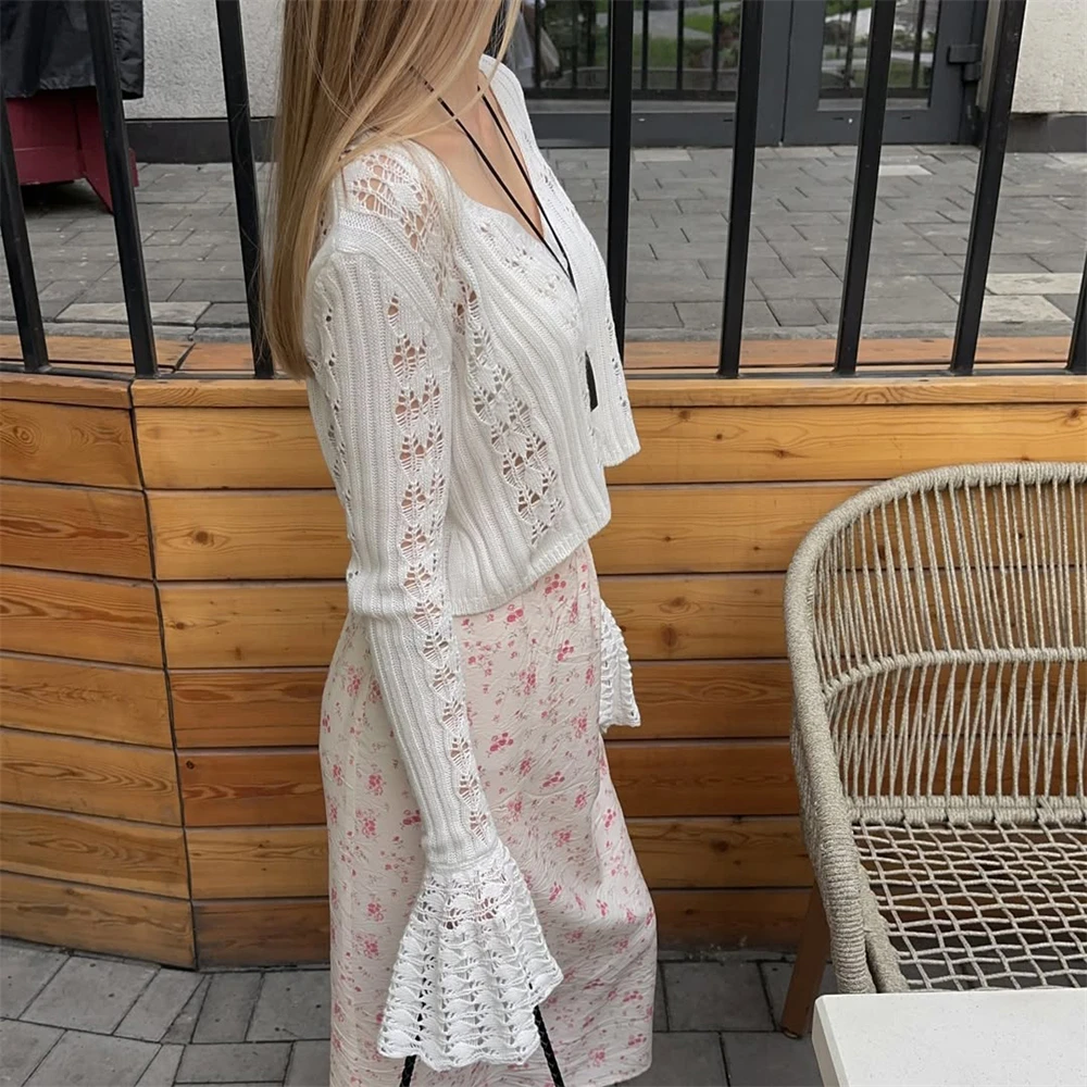 Tuularose 봄 니트 카디건 여성 솔리드 v 넥 중공 짧은 니트 탑 패션 캐주얼 루즈... - 1