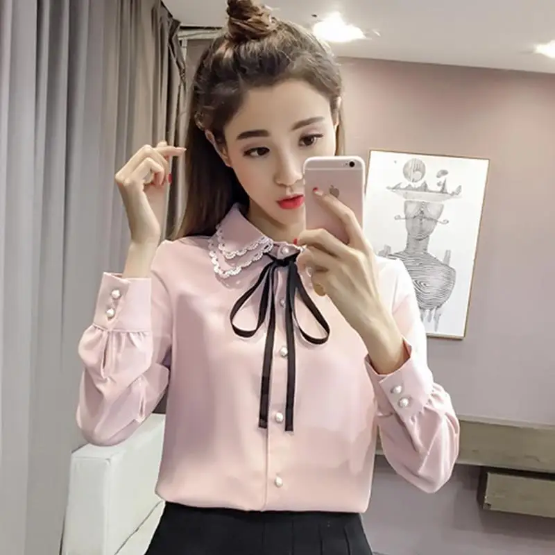 Sweet Peter Pan Collar Spliced Lace Up Bow Shirt Women\'s Clothing 2023 Spring New Oversized Casual Tops Office Lady Blouse