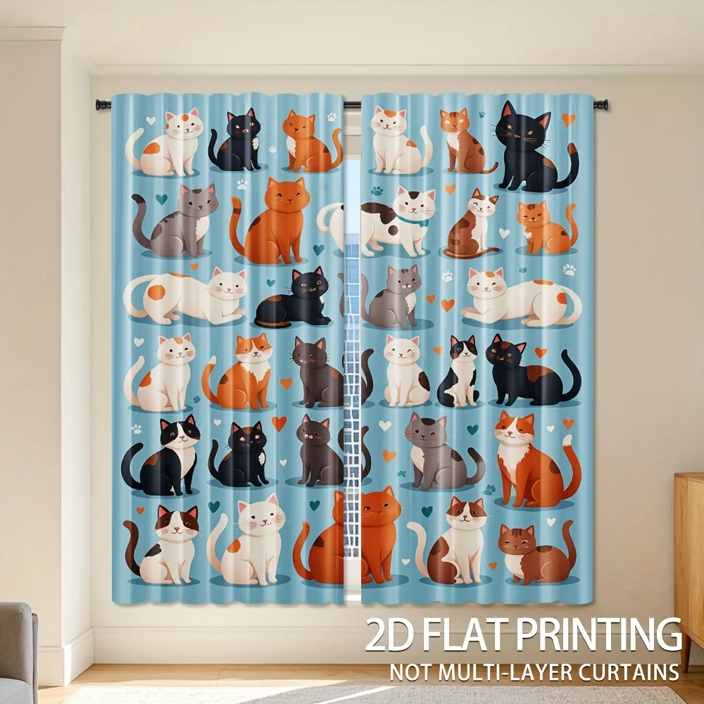 Lovely Cat Blackout Rod Pocket Curtain Full Print Cartoon Kitten Heart Paw Decor Pet Shop Homestay Child Rest Bay Window