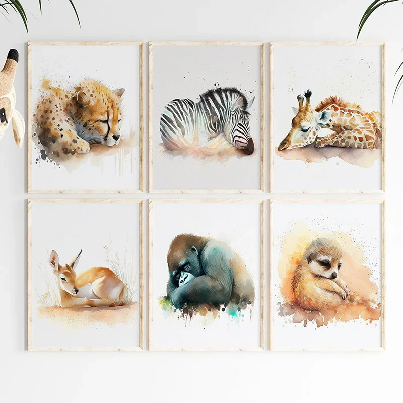Large-sized 1pc frameless Canvas Painting Watercolor Sleeping Safari Animal Wall Art Poster Cheetah Zebra Giraffe Gazelle Fox Po