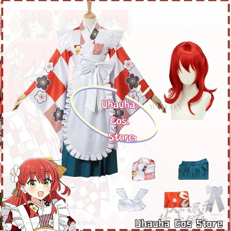 Anime The Rock! Cosplay Kita Ikuyo Costume Japanese Jirai Kei Girls Red Kimono Dress Kawaii Cute Lolita Pink Wigs Customized