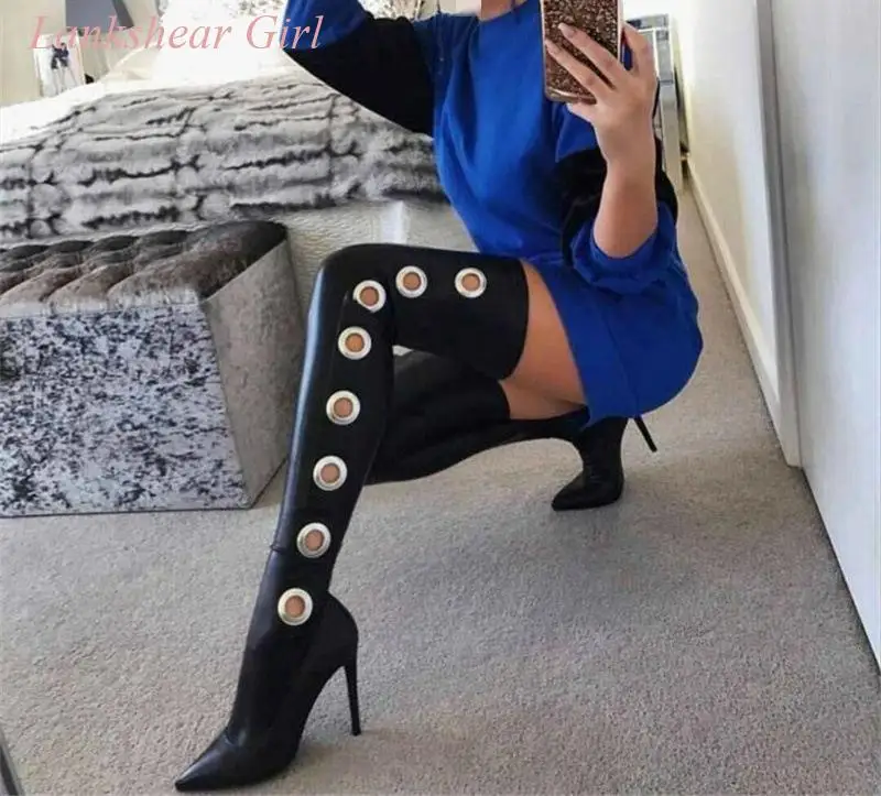 Spring Wome's New Black Leather Boots Crotch Thigh High Heeled Pointed Toe Shoes Over The Knee Party Thin High Heels Boots