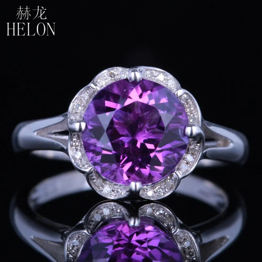 

Shruno Solid 14K White Gold Flawless Round 9mm Genuine Amethyst Ring Natural Diamond Vintage Luxury Jewelry Anniversary Band