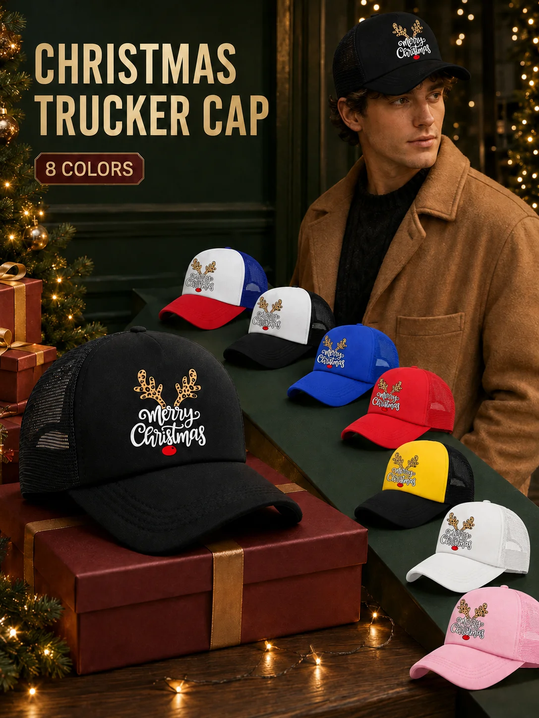 Neutral Christmas reindeer print mesh baseball cap, adjustable breathable truck cap, suitable for Christmas parties