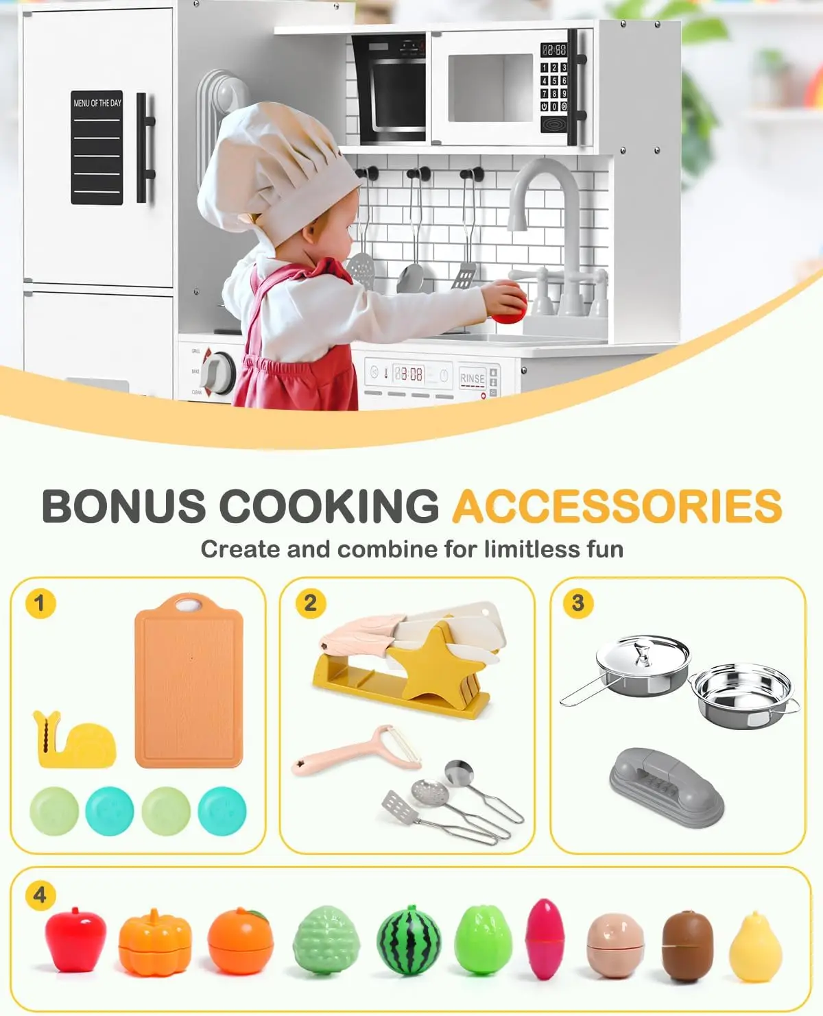 Ensemble de jeu de cuisine en bois pour enfants, cuisine de jeu interactive avec lumières et sons, jouet de simulation pour enfants, Ov