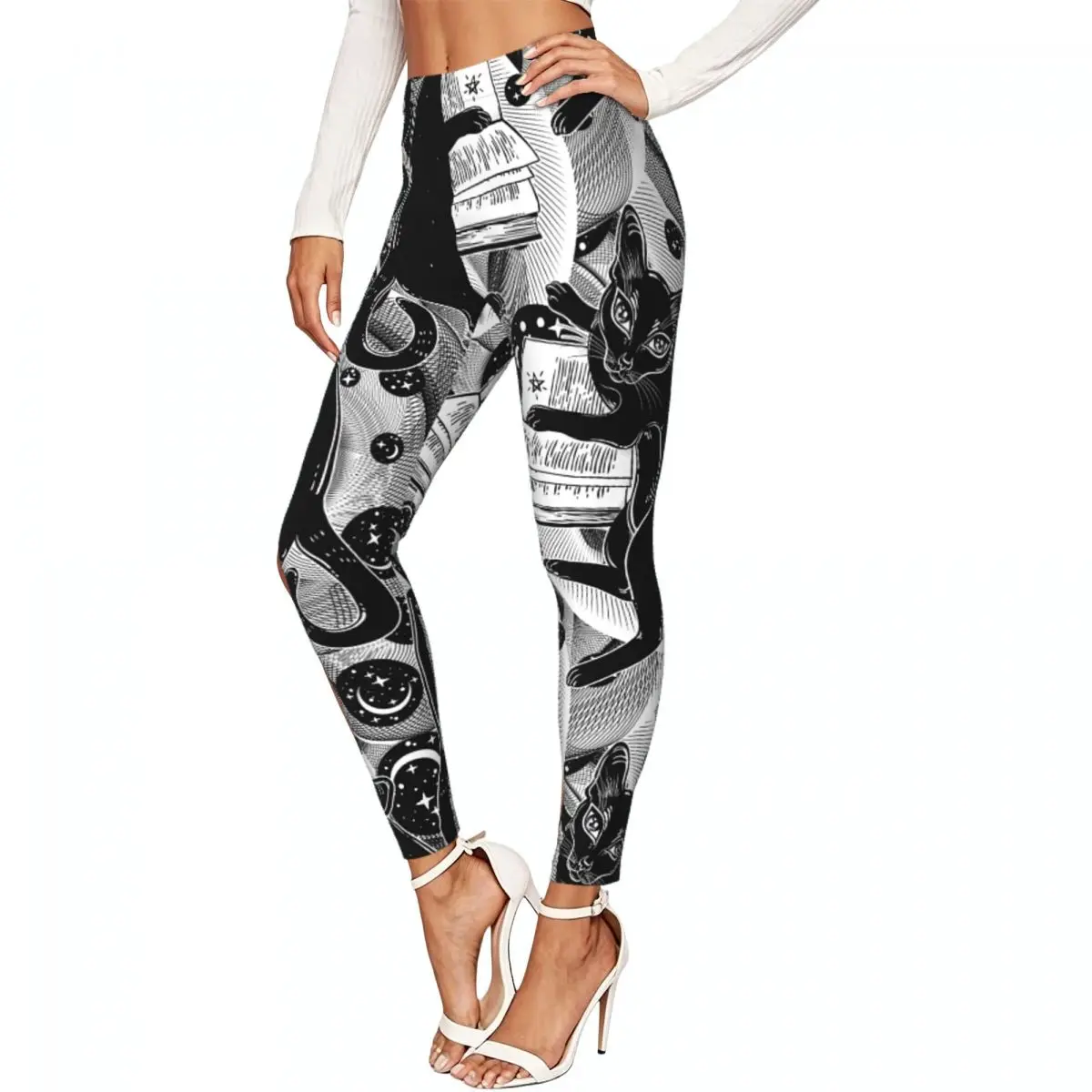 Casual Ladies Slim Leggings Black Cat Reading The Magic Book Elastic High Waist Sports Daily Wear Trousers