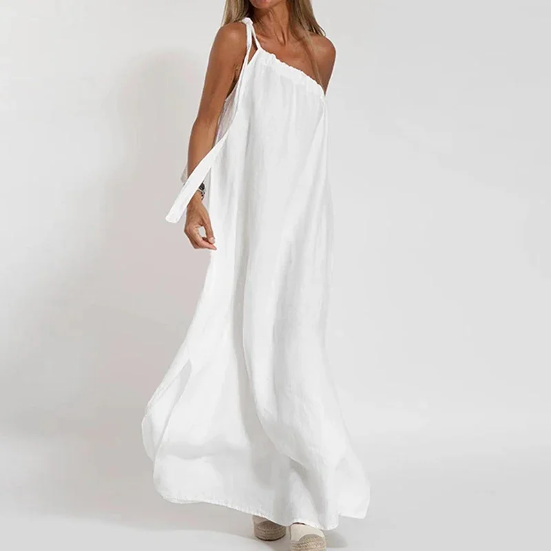 LIBIELIY Spring Tie-up Bow Backless Straps Long Dress Women Solid Cotton Split Boho Party Dress Summer Skew Collar Hollow Lady
