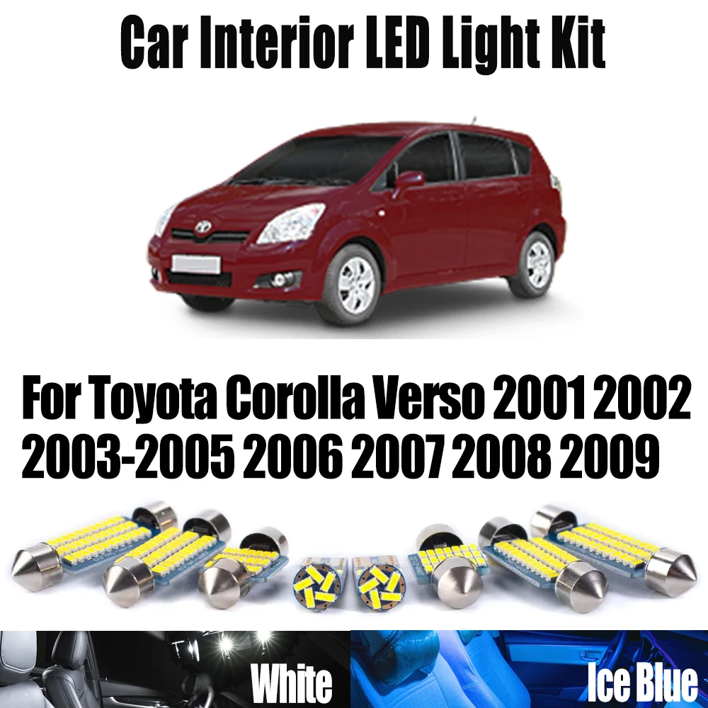 

Автомобильный светодиодный внутренний светильник Canbus с картой купола, комплект освещения багажника для Toyota Corolla Verso 2001-2004 2005 2006 2007 2008 2009, лампы для номерного знака