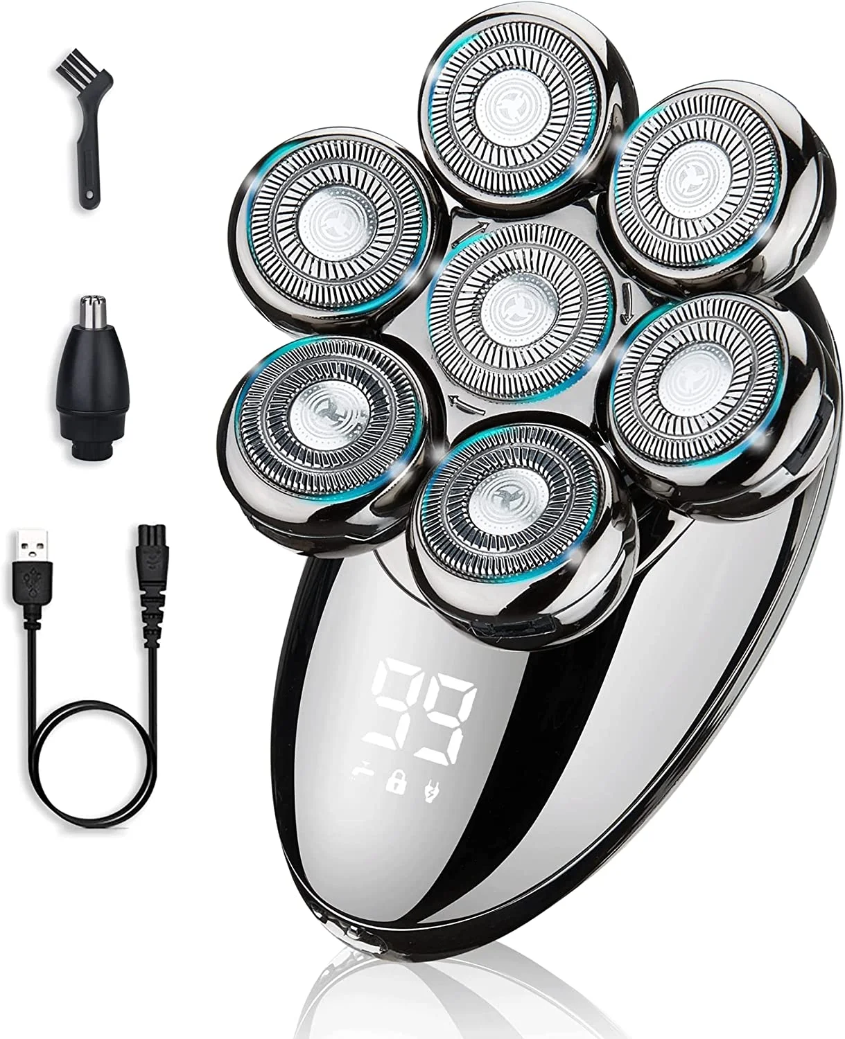 7D Silver Head Shaver For Bald Men With Nose Hair Trimmer Anti-Pinch LED Display USB Rechargeable Rotary Razor