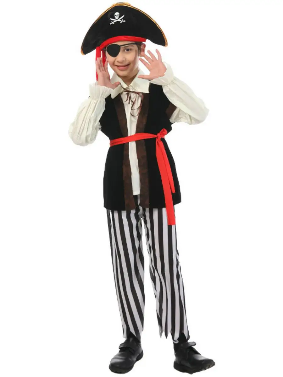 أزياء الهالوين للأطفال Ja Pirate Captain Boys Girls Par Performance Suit Hat Set مرحلة الأداء التقليدي الذقن...