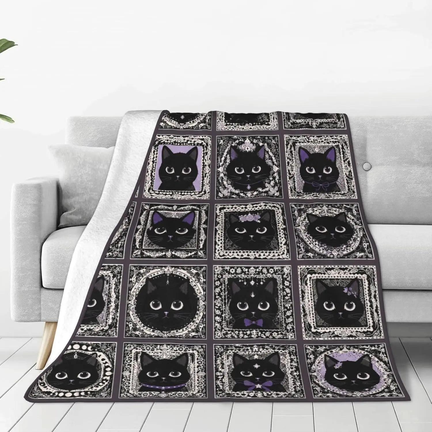 Lace Frame Black Cat Grid Collage Flannel Throw Blanket Soft Warm Cover For Sofa Bedroom Dorm Pet Decor Kitten Pattern Gift For