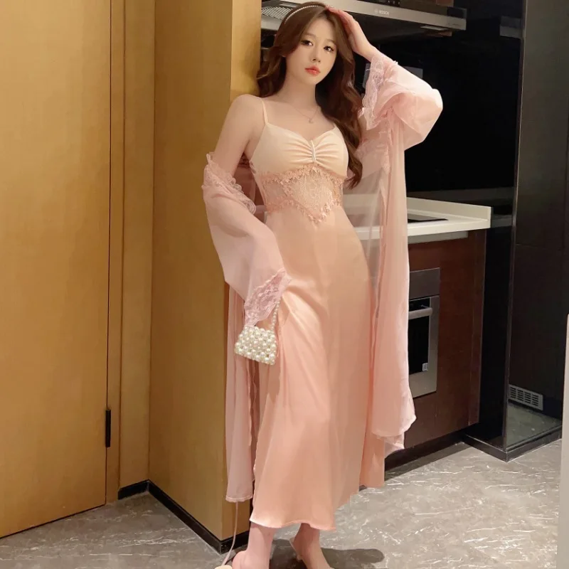 Bride Kimono Bathrobe Gown Suit Female Twinset Robe Set Lace Chemise Nightgown Summer Mesh Satin Sleepwear Nightdress Home Wear