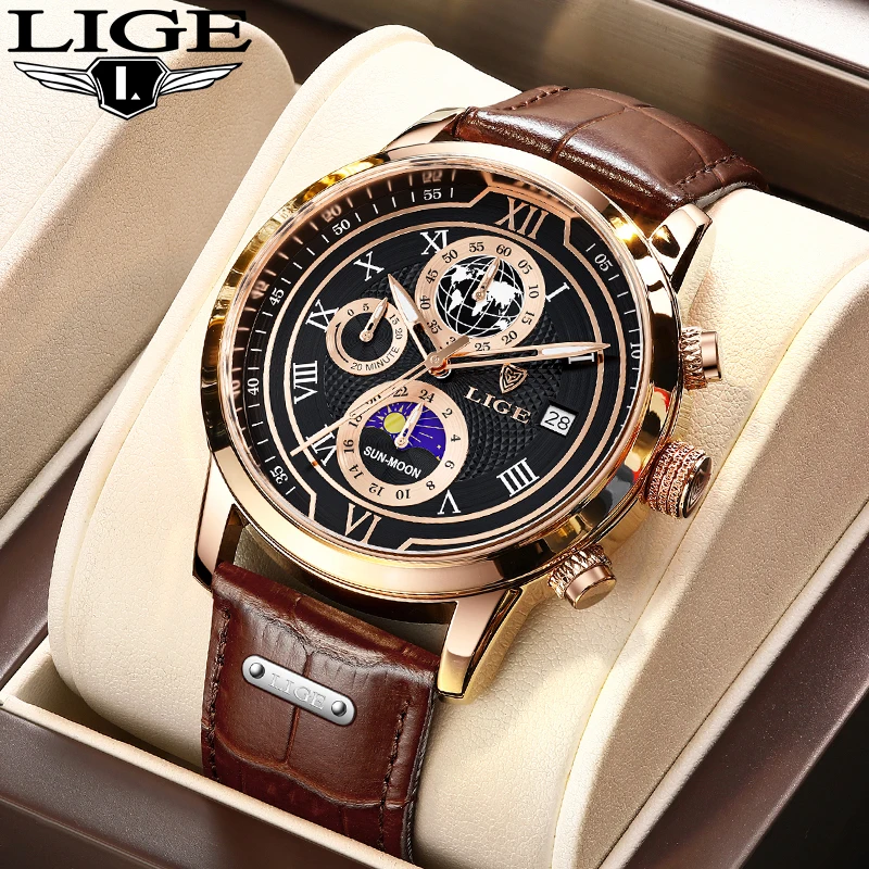 

LIGE Watch Fashion Casual Business Quartz Men's Watches Sport Moon Phase Waterproof Leather Creative Map Design Clock Wristwatch