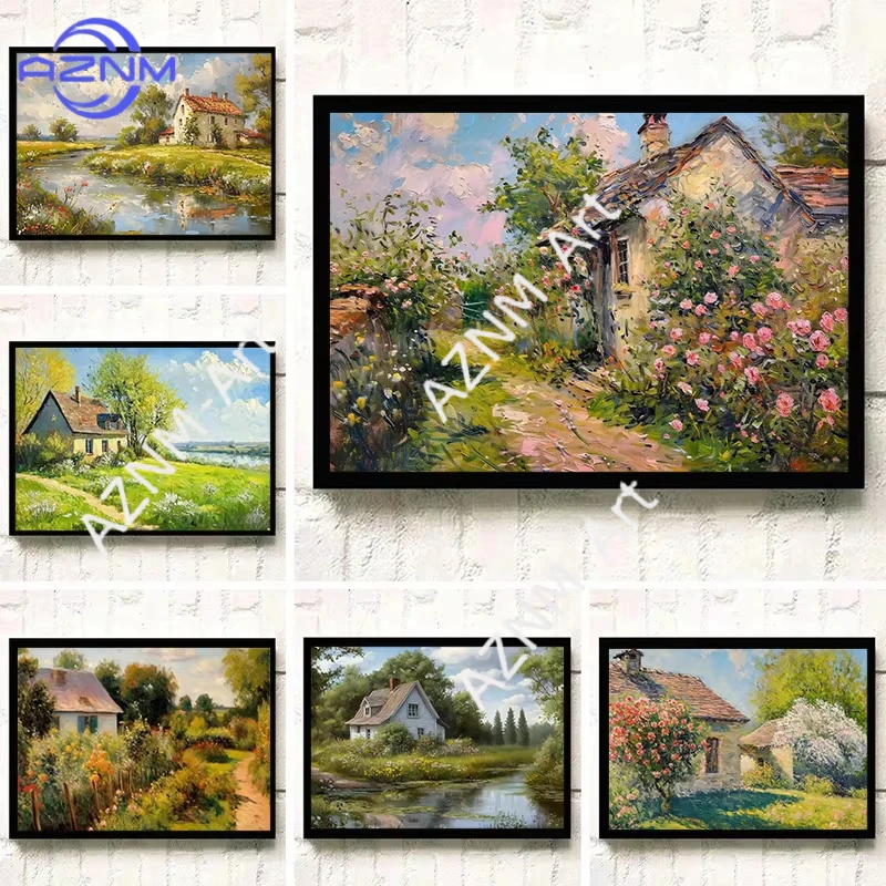 1 Stück, Retro-Frühlingsgarten, romantische Hütte, Ölgemälde, Kunstposter, Leinwanddruck, Wohnzimmer, Schlafzimmer, Zuhause, Galerie, Dekoration