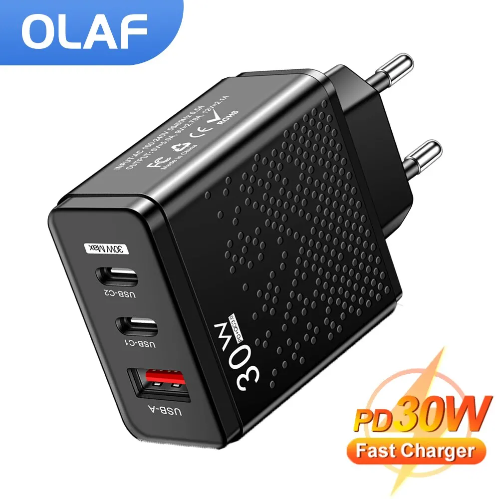 OLAF USB 30W QC 3.0 Fast Charger Dual Type C Port Portable Adapter For IPhone 14 13 12 11 IPad Xiaomi Huawei Fast Wall Charger