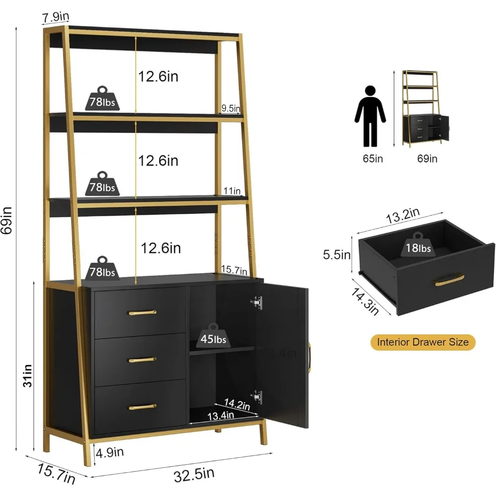 رف كتب طويل 69، خزانة كتب حديثة من 4 طبقات مع أدراج خشبية وأرفف سلم، خزانة تخزين قائمة بذاتها للمطبخ