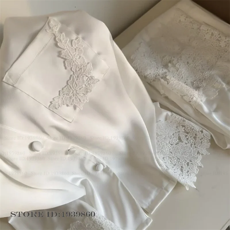 

Elegants Lace 2PCS Pjs Set Women's Pijamas Homewear White Silk Satin Sleepwear Trouser Suit Loungewear Loose Casual Nightwear