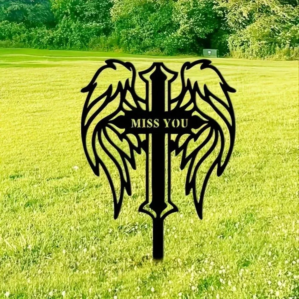CIFbuy Aluminum Rustic Angel Wings Cross Decor Waterproof Durable Metal Mural for Cemetery Graveyard Outdoor Garden Memorial