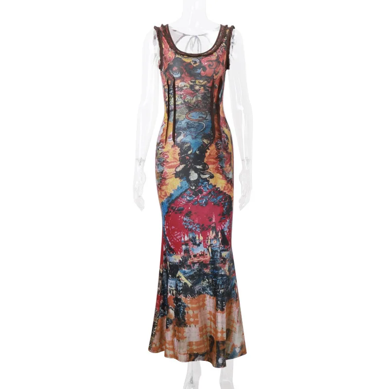 Estilo europeo primavera nuevo y2k Millennium Spice Girl retro graffiti estampado cuello en U cintura alta vestido halter Mujer